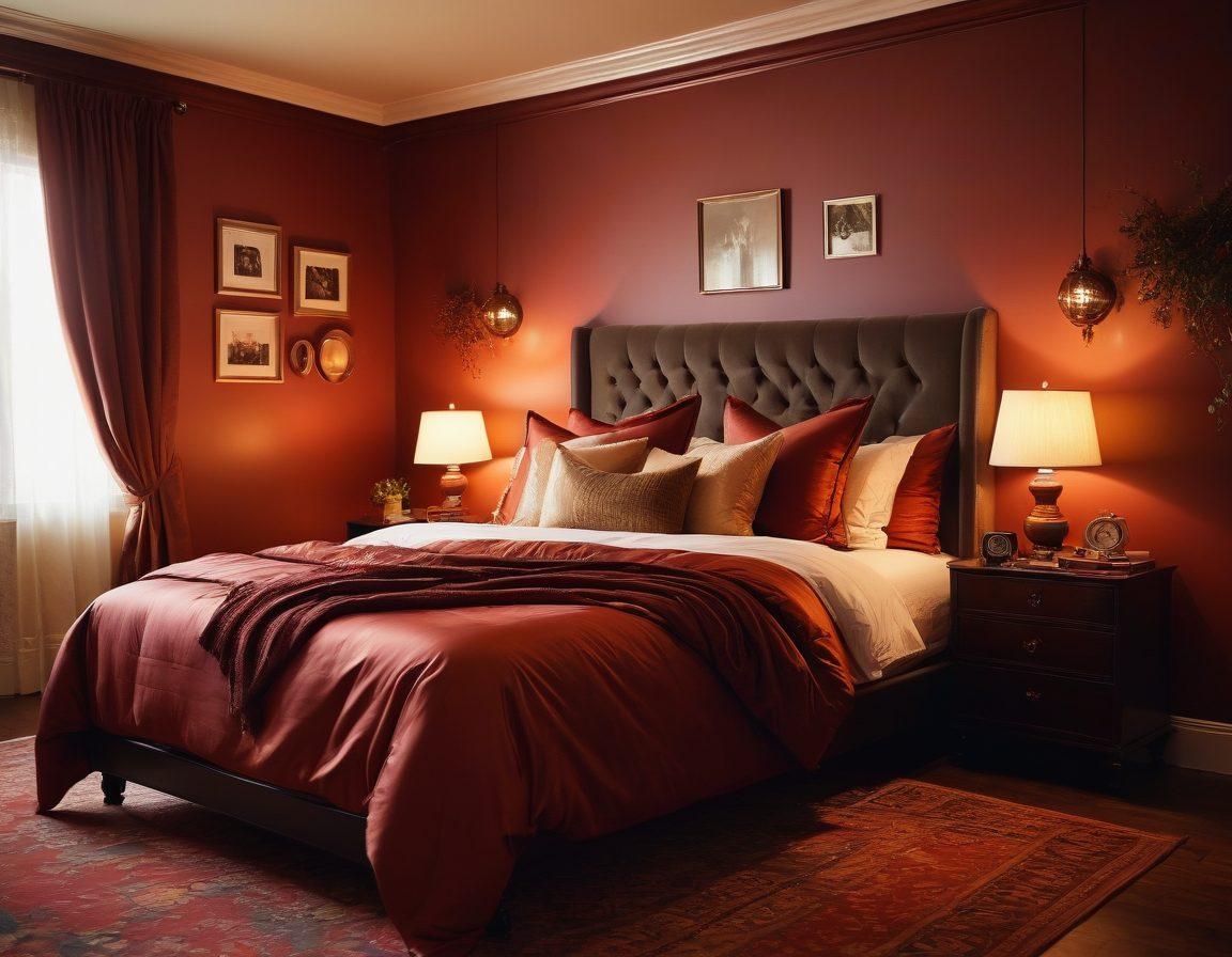 A cozy, dimly-lit bedroom setting with a plush bed adorned with silk sheets, soft pillows, and warm lighting. A subtle suggestion of intimacy through a silhouette of a couple intertwined, enjoying a moment of connection. Add elements of vintage film reels and soft focus to evoke nostalgia and eroticism. Incorporate sensual colors like deep reds and golds. super-realistic. warm tones. intimate atmosphere.