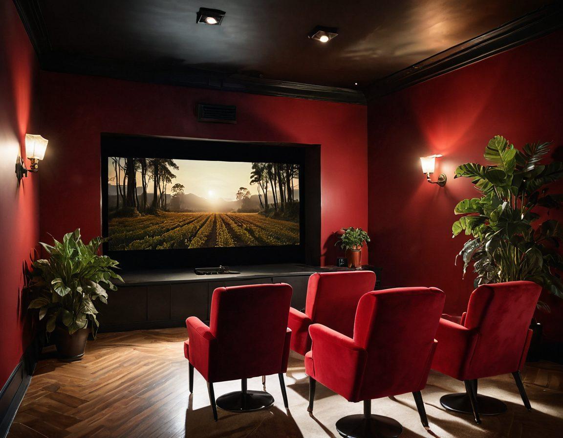 A captivating scene featuring an elegant, dimly lit film viewing room with plush red velvet chairs, a vintage projector casting soft light, and a blurred film reel playing alluring romantic images. Subtle hints of silhouettes in the background suggest intimacy, complemented by exotic plants and soft, ambient lighting. The atmosphere is inviting and mysterious, enticing viewers to explore their desires. super-realistic. warm colors. cinematic atmosphere.